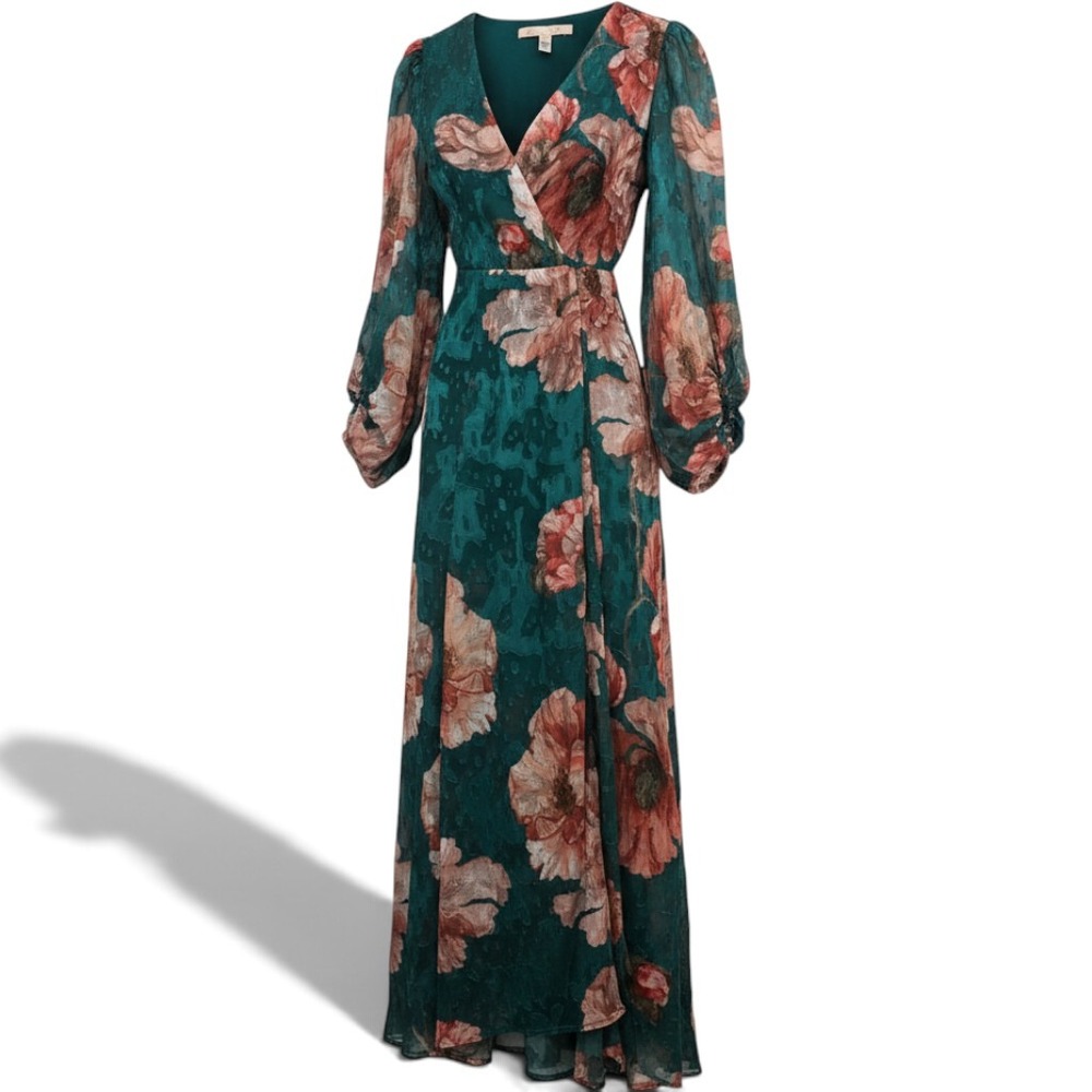 Hutch Maxi Dress Womens XXS Faux Wrap Teal Green Floral Balloon Sleeve EUC